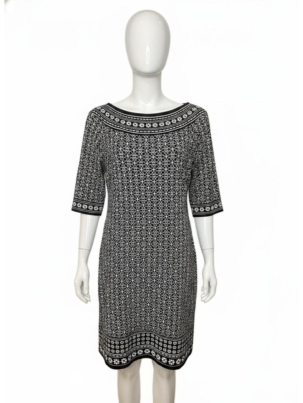Max Studio Black&White Mod Geometric Midi Sheath Dress Elbow Sleeve Size Medium